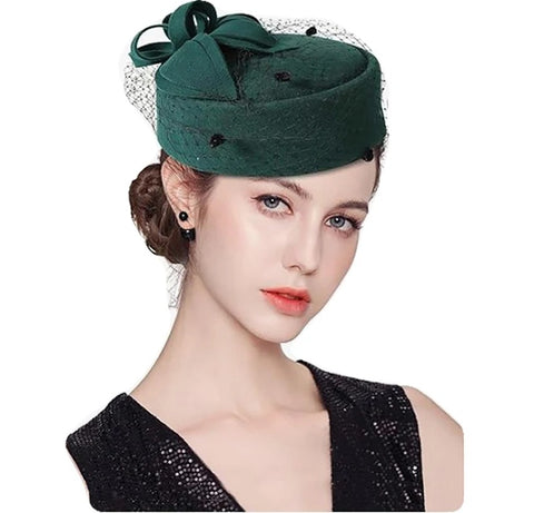 Women's Wool Fascinator Hat – Winter Felt Pillbox with Veil and Bowknot for Weddings & Church