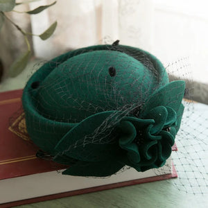 Women's Wool Fascinator Hat – Winter Felt Pillbox with Veil and Bowknot for Weddings & Church