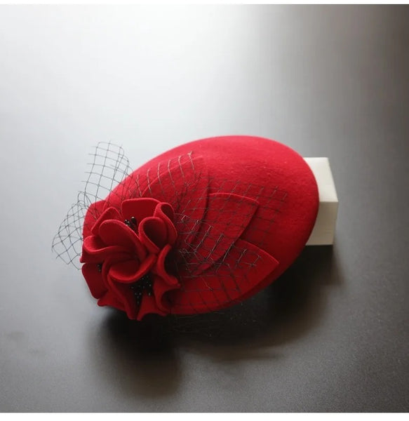 100% Wool Fascinator Hat – Pillbox with Flower for Weddings & Special Events