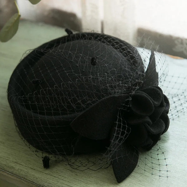 Women's Wool Fascinator Hat – Winter Felt Pillbox with Veil and Bowknot for Weddings & Church