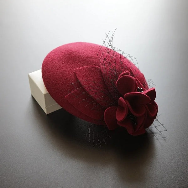 100% Wool Fascinator Hat – Pillbox with Flower for Weddings & Special Events