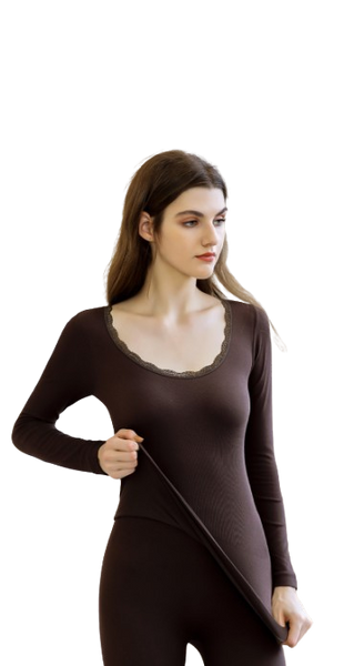 Ladies Thermal Underwear With Neckline Lace Trim